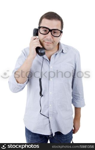 young silly man with a phone, isolated on white