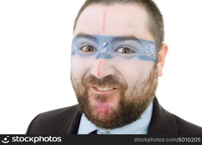 young silly man with a strange painted face, isolated
