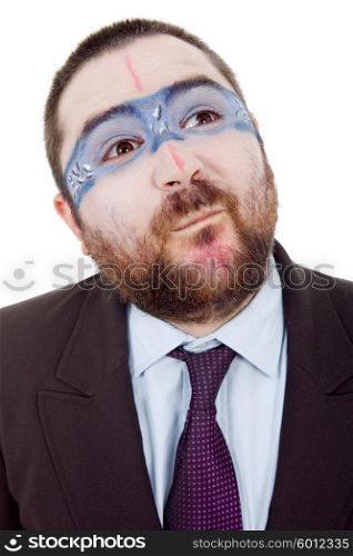 young silly man with a strange painted face, isolated