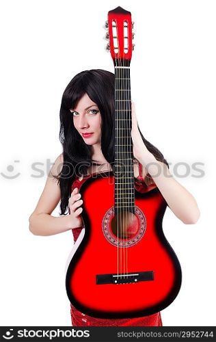 Young singer guitar on white