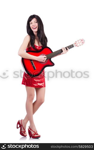 Young singer guitar on white