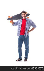 Young skateboarder with a longboard skateboard isolated on white. Young skateboarder with a longboard skateboard isolated on white background