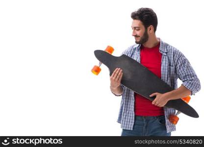 Young skateboarder with a longboard skateboard isolated on white. Young skateboarder with a longboard skateboard isolated on white background