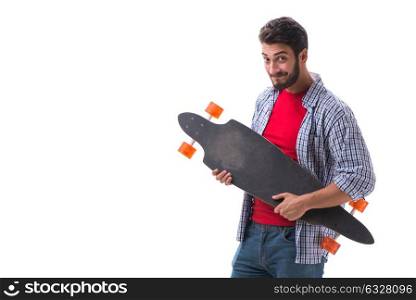 Young skateboarder with a longboard skateboard isolated on white. Young skateboarder with a longboard skateboard isolated on white background