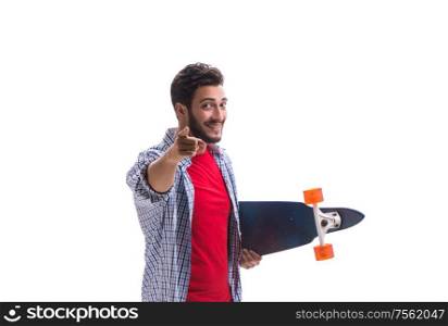 Young skateboarder with a longboard skateboard isolated on white background. Young skateboarder with a longboard skateboard isolated on white