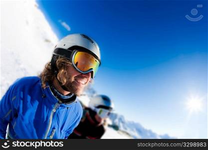 Young skier ready for a new day on the ski slopes. Italian Alps.