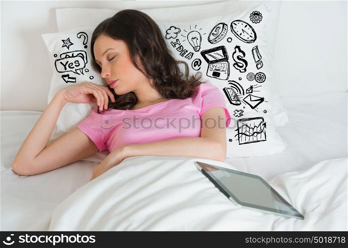 Young sleeping woman thinking of her plans sketches around her on pillow