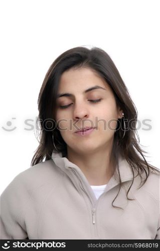 young sleepy casual woman portrait in white background