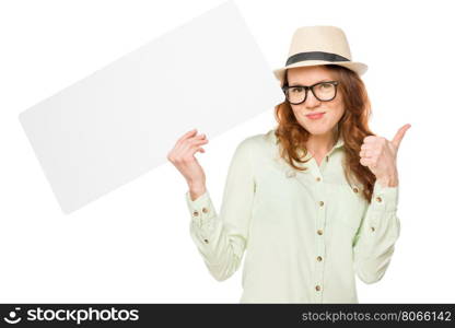 young slender girl with a poster isolated on a white background