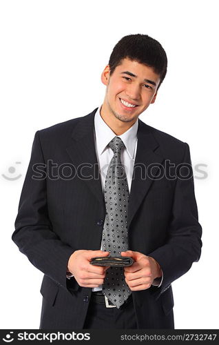 young smiling asian businessman with wallet