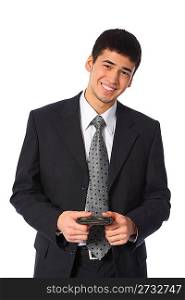 young smiling asian businessman with wallet