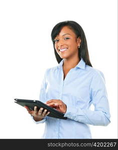 Young smiling black woman using tablet computer