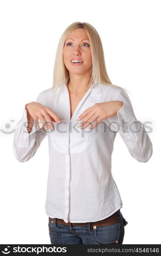 Young smiling blonde in a white shirt, gesticulating with his hands