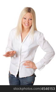 Young smiling blonde in a white shirt, gesticulating with his hands