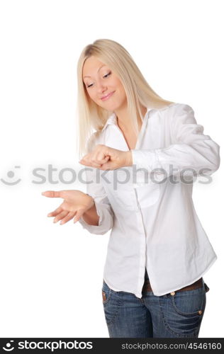 Young smiling blonde in a white shirt, gesticulating with his hands