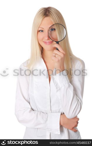 Young smiling blonde in a white shirt with a magnifying glass in hand