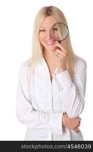 Young smiling blonde in a white shirt with a magnifying glass in hand