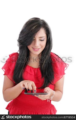 Young smiling business woman with tablet computer. Isolated on white background.