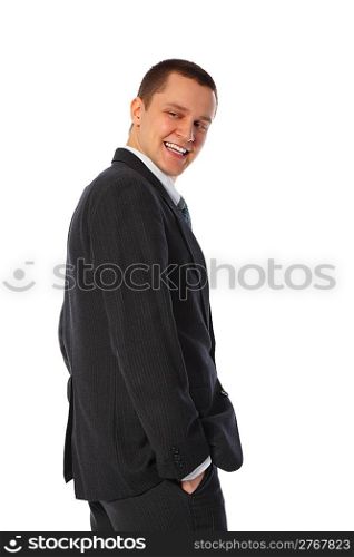young smiling businessman half turn