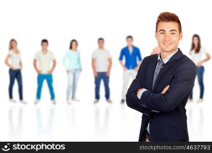 Young smiling businessman with casual young people of background