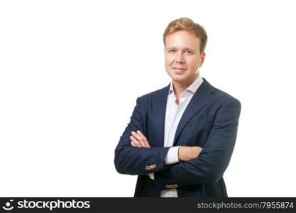 Young smiling businessman with confident look and crossed arms on white background