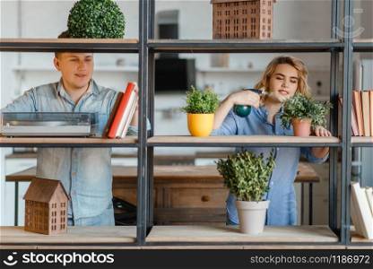 Young smiling couple at the shelf with home plants, florist hobby. Man and woman takes care and growing domestic flowers, gardening, botany lifestyle. Young smiling couple at the shelf with home plants