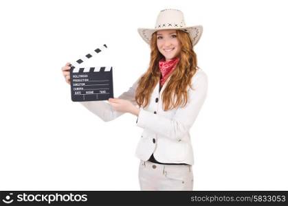 Young smiling cowgir with movie board l isolated on white