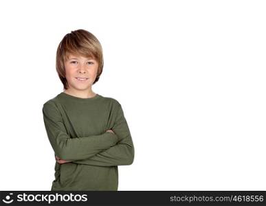 Young smiling cute teenager in green isolated on white