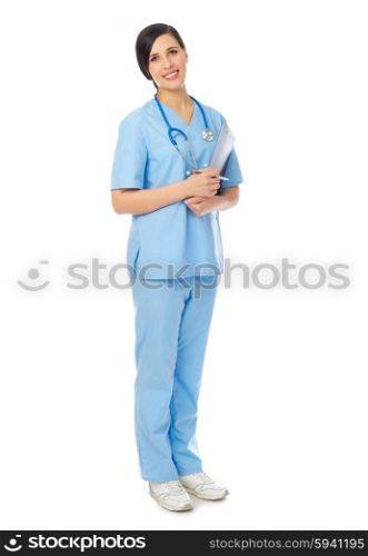 Young smiling doctor with clipboard isolated