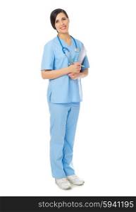 Young smiling doctor with clipboard isolated