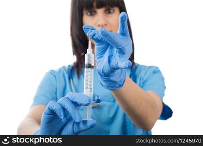 young smiling female doctor with syringe isolated on white