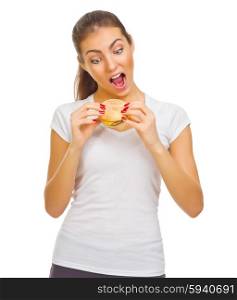 Young smiling girl eat hamburger isolated