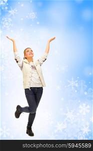 Young smiling girl lifted hands up isolated