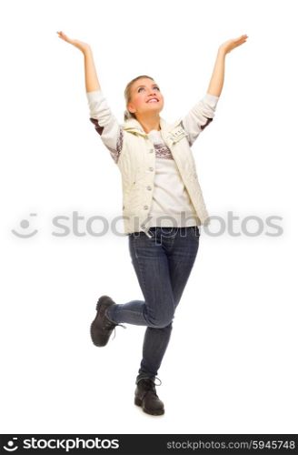 Young smiling girl lifted hands up isolated