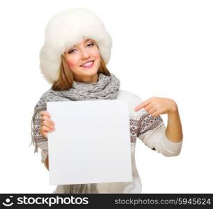 Young smiling girl showing empty banner isolated
