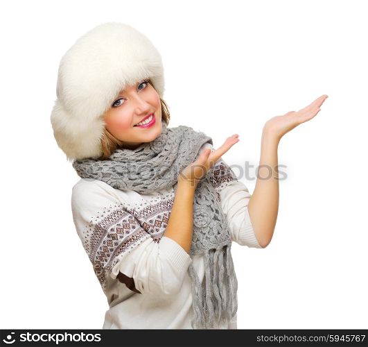 Young smiling girl showing welcome gesture isolated