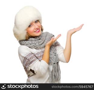 Young smiling girl showing welcome gesture isolated