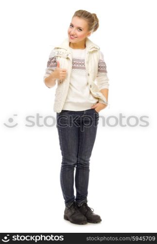 Young smiling girl shows ok gesture isolated