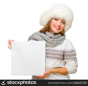 Young smiling girl with empty card isolated