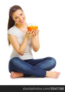 Young smiling girl with fruit salad isolated