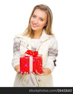 Young smiling girl with gift box isolated