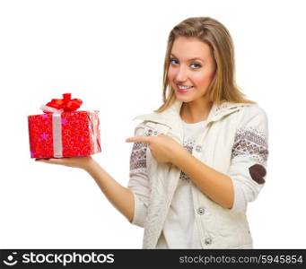 Young smiling girl with gift box isolated