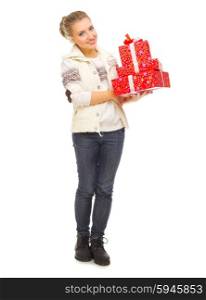 Young smiling girl with gift boxes isolated