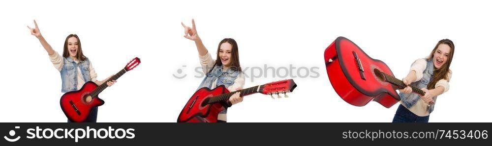 Young smiling girl with guitar isolated on white