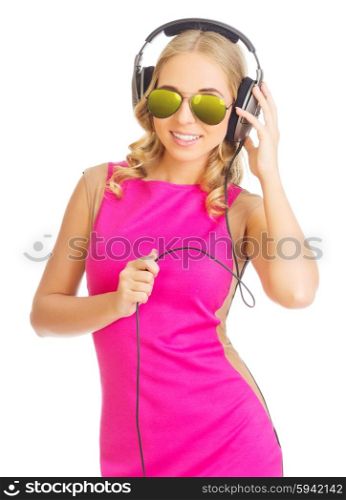 Young smiling girl with headphones isolated