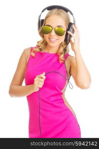 Young smiling girl with headphones isolated