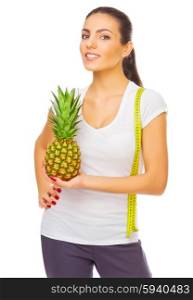 Young smiling girl with pineapple isolated