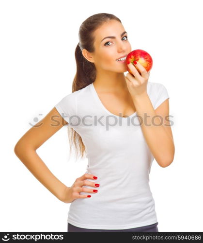 Young smiling healthy woman with apple isolated