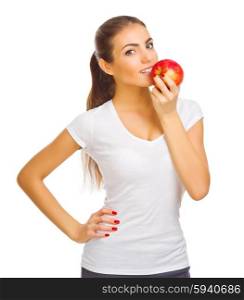 Young smiling healthy woman with apple isolated