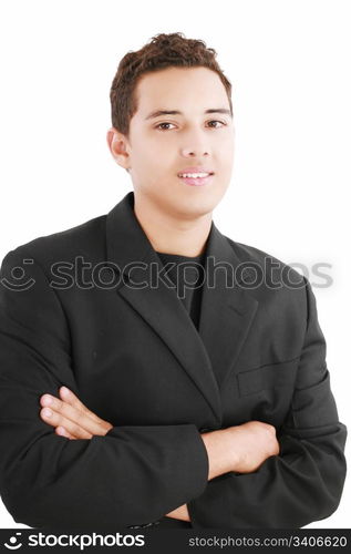 Young smiling latin man looking at camera isolated on white background